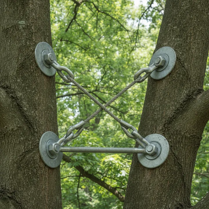 Close-up of a galvanized steel cable and brace hardware installed high between two large limbs of a mature hardwood to support a weak branch union