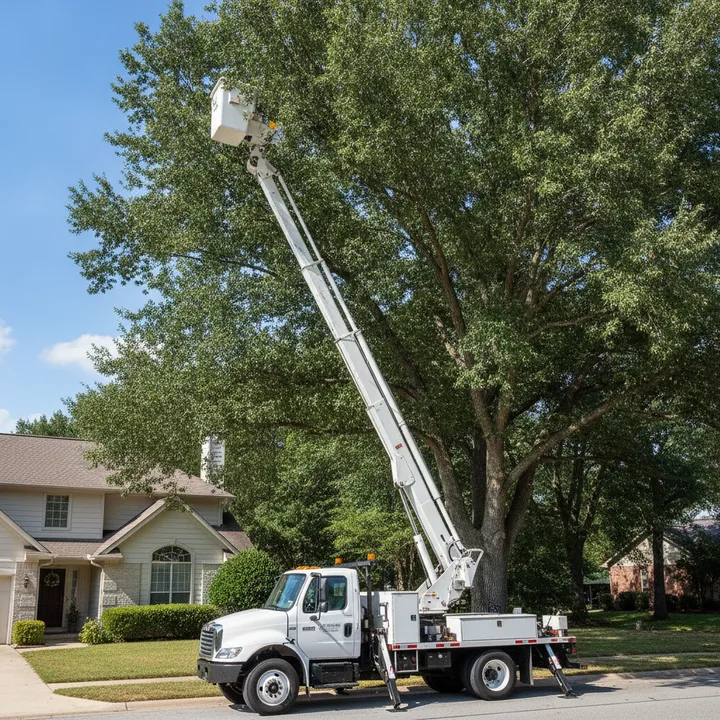 A white articulated bucket truck with its boom extended and the basket raised into the upper canopy of a large tree beside a suburban house against a blue sky