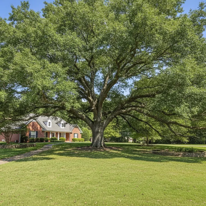 A large, healthy oak with a broad spreading canopy standing over a wooded north Georgia lot