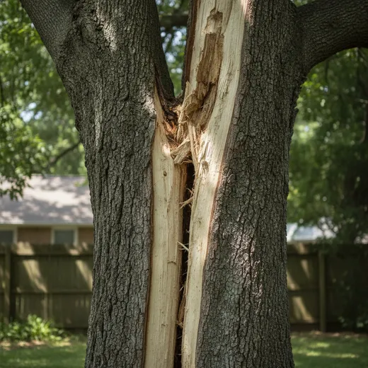 A large hardwood trunk with a deep vertical split and torn bark, a structural hazard in a suburban back yard
