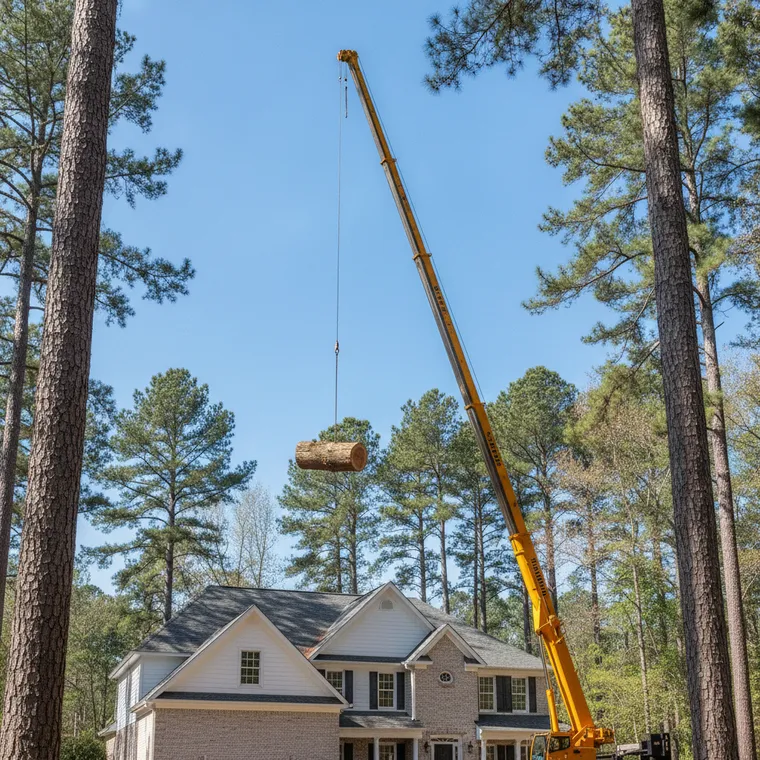 A yellow crane lifting a cut log section clear above the roof of a suburban home