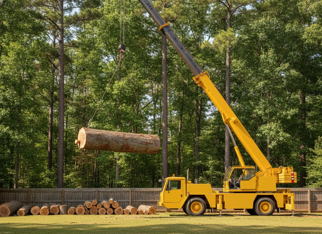A tree-service crane lifting a log over a wooded yard
