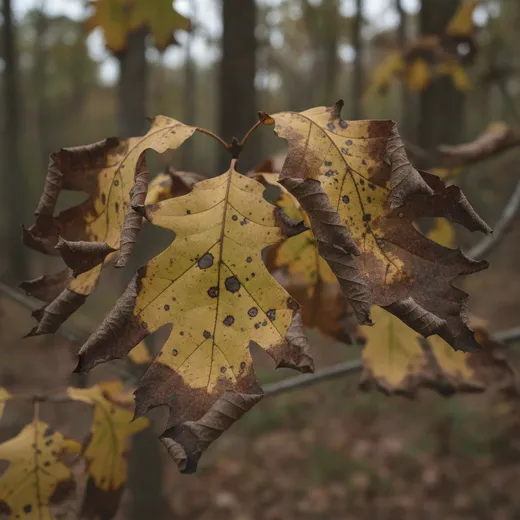 A close-up of tree leaves with brown scorched edges and dark spots, showing disease and drought stress