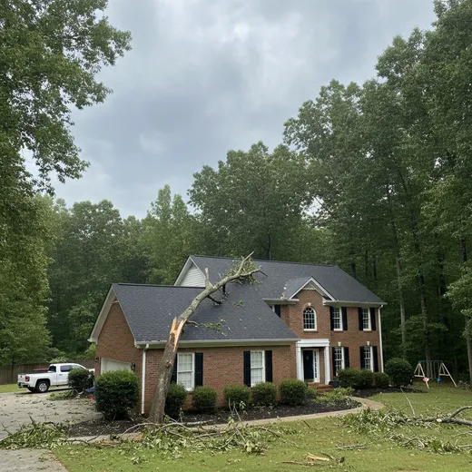 A large broken tree limb resting on the roof of a suburban brick home after a storm, with branches scattered across the lawn