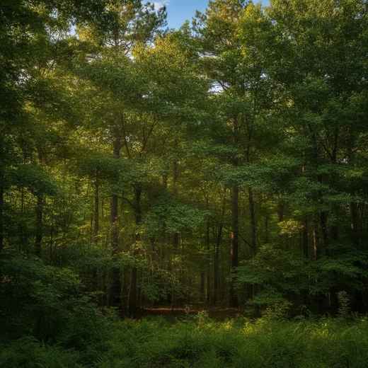 A healthy mixed stand of north Georgia hardwoods and pines in late summer light