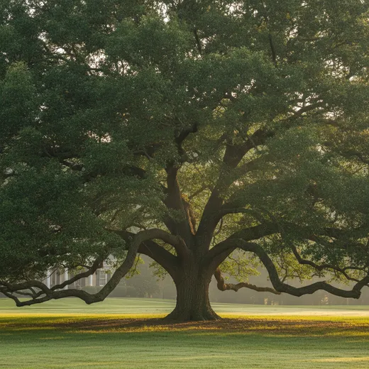 A majestic mature Southern live oak with a broad spreading green canopy over a wide Georgia yard