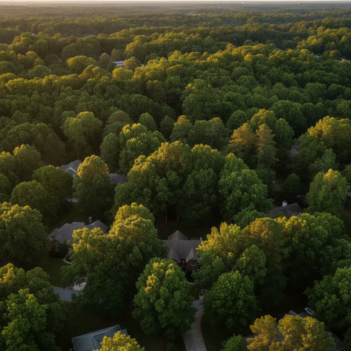 A dense hardwood canopy over an established Roswell-style neighborhood, rooftops showing through the leaves in warm light