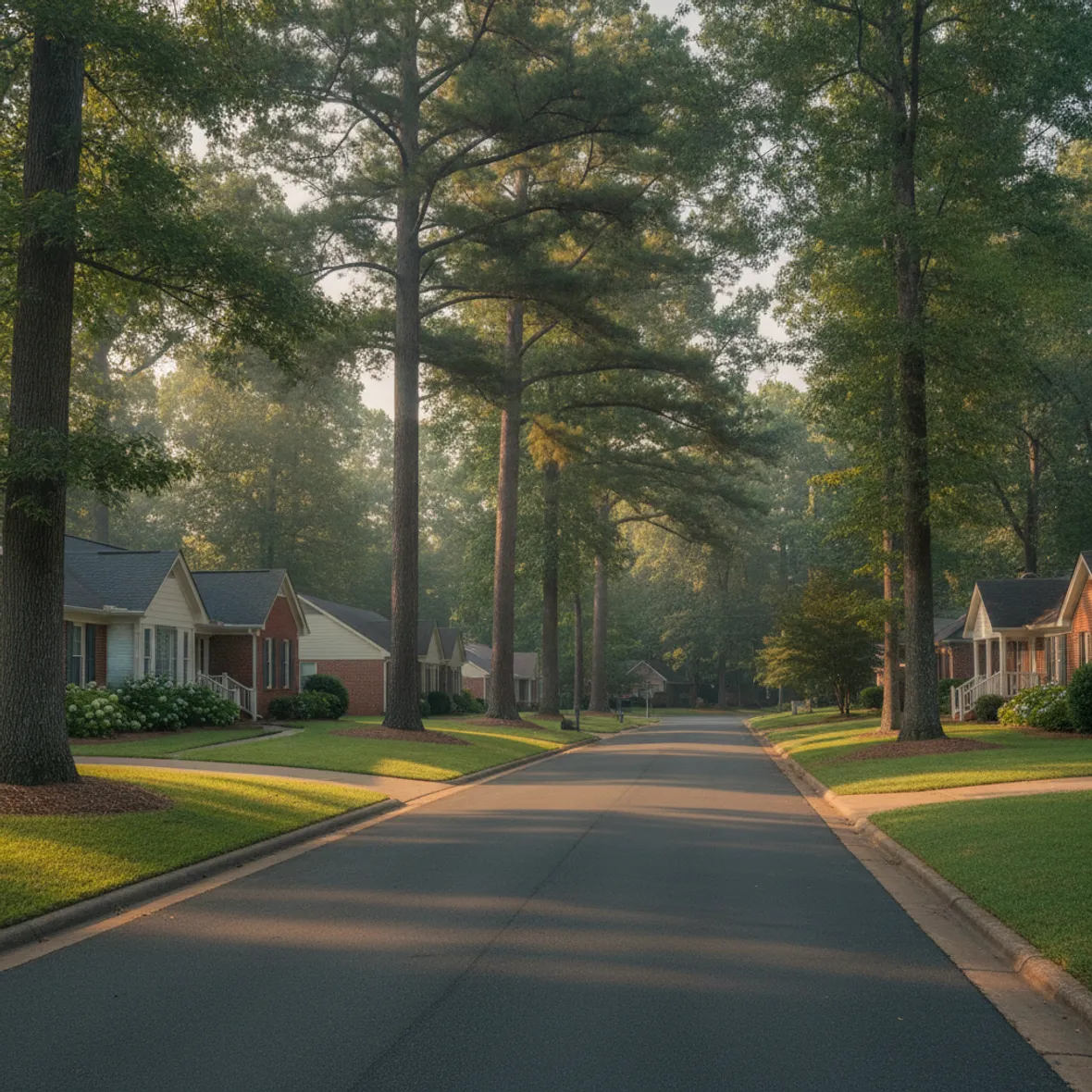 An older Marietta-style street lined with tall, mature hardwoods arching over brick and siding homes in warm light