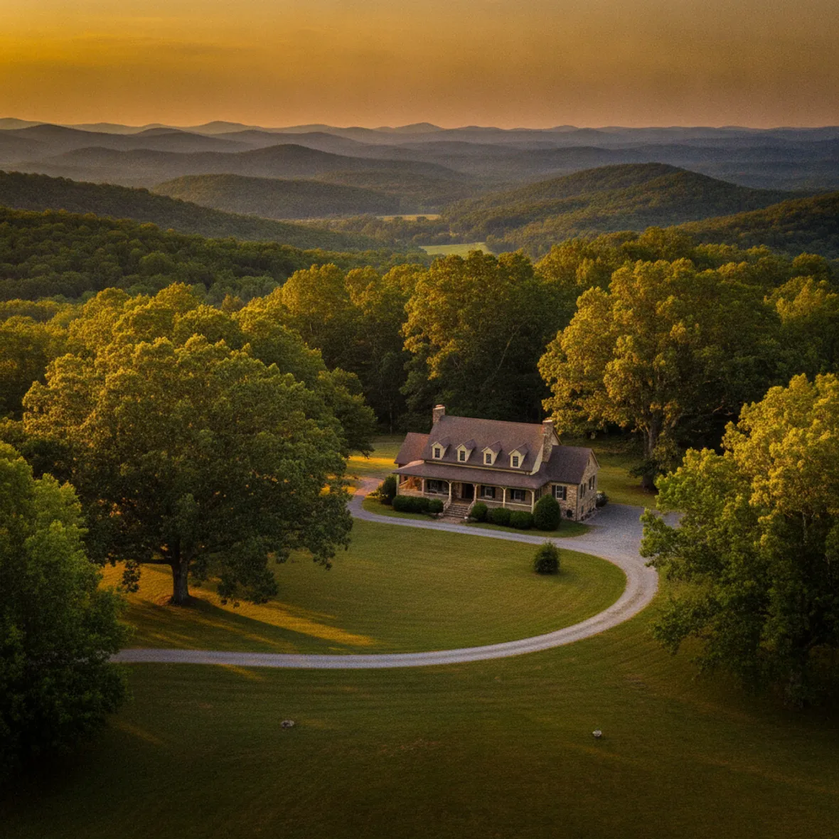 A dense green canopy of hardwoods over a wooded Jasper-area foothill neighborhood in warm light