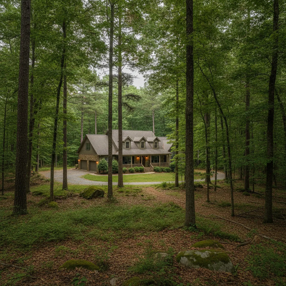 A rural Waleska-area home set among tall, mature Georgia hardwoods and pines on a wooded lot