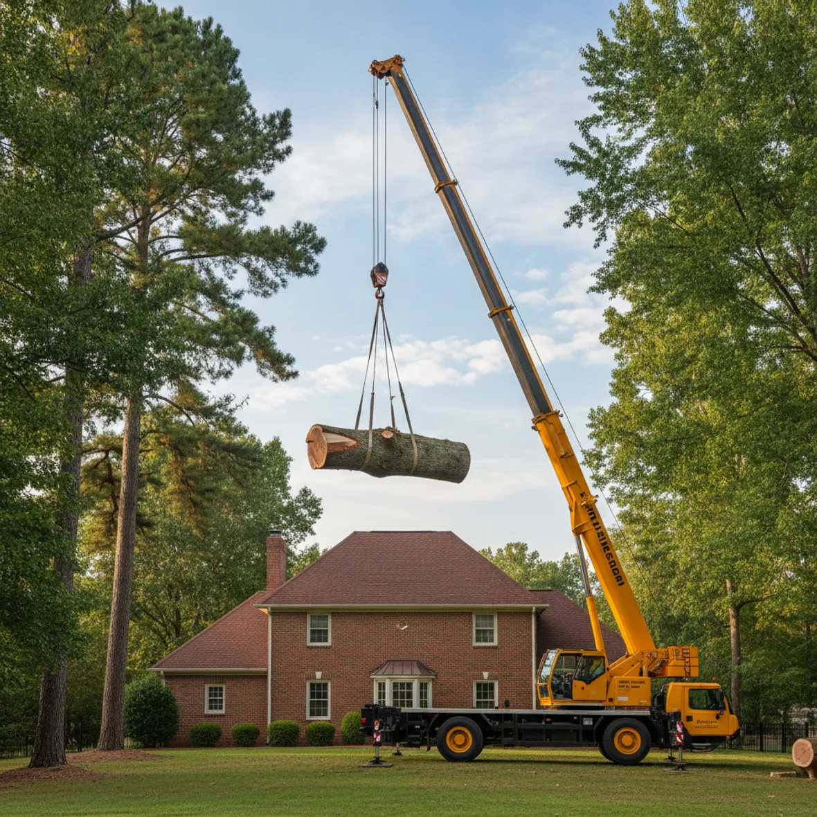 A yellow tree-service crane lifts a large cut oak section on cables, clear above a brick suburban Georgia home framed by tall pines