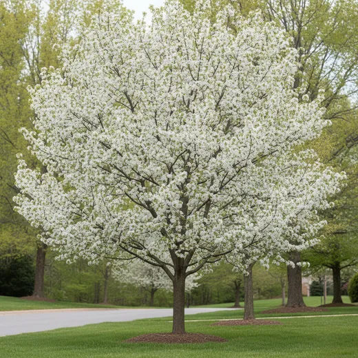 An ornamental flowering pear tree in full white spring bloom along a suburban street