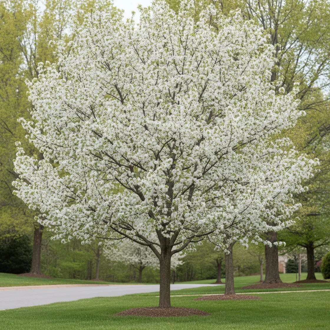 Trees leafing out and blooming along a suburban street in early spring