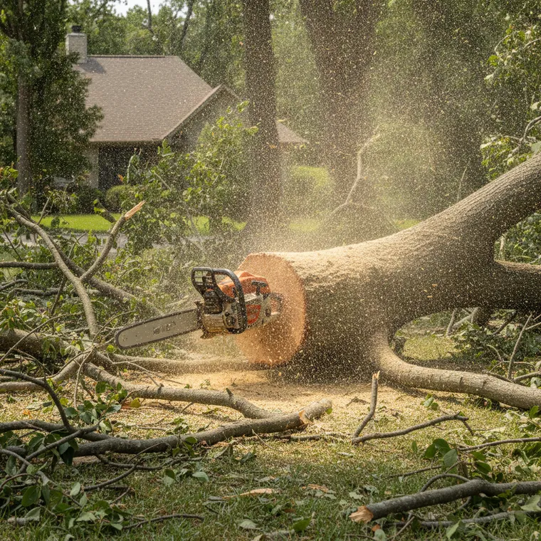 A chainsaw cutting a thick fallen trunk after a storm, sawdust spraying