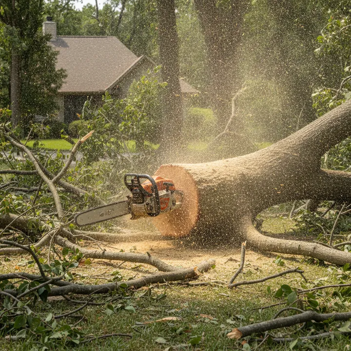 A close view of a chainsaw mid-cut through a thick fallen hardwood trunk on a suburban lawn after a storm, fresh sawdust spraying and broken branches around