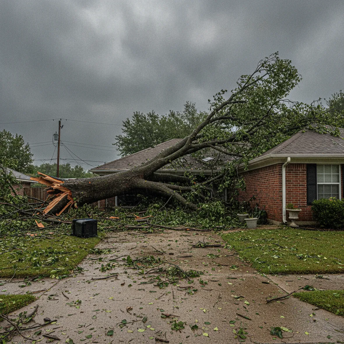 A large hardwood fallen across a suburban driveway and leaning onto the corner of a house roof after a storm, snapped limbs and scattered branches on the ground under a grey sky