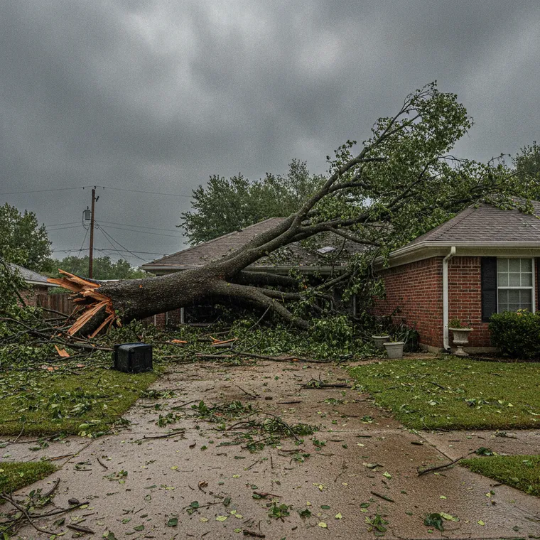 A large tree fallen onto the roof of a brick house after a storm