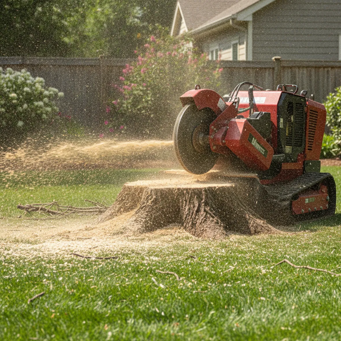 A red self-propelled stump grinder against a large freshly cut tree stump in a residential backyard, the cutting wheel throwing a fan of pale wood chips