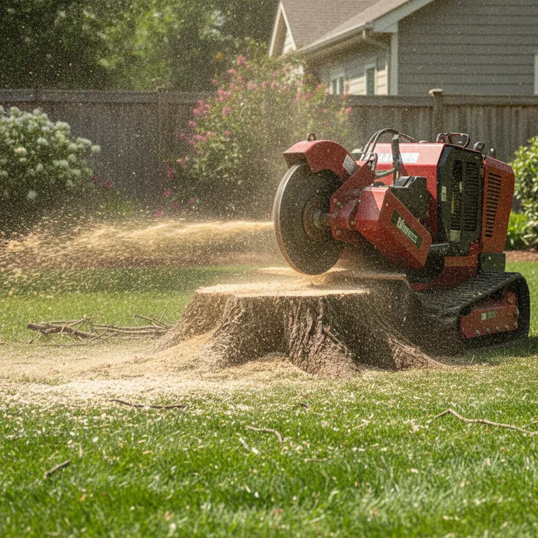 A red stump grinder chewing a stump into chips in a backyard