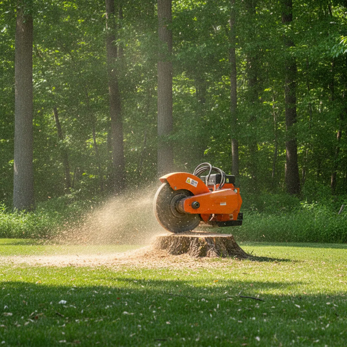 An orange stump grinder biting into a tree stump with a spray of fresh wood chips on a green suburban lawn