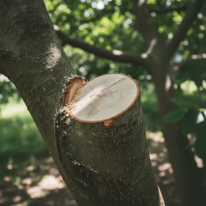 Extreme close-up of a fresh, clean pruning cut on a hardwood limb made right at the branch collar, pale exposed wood and a little sawdust
