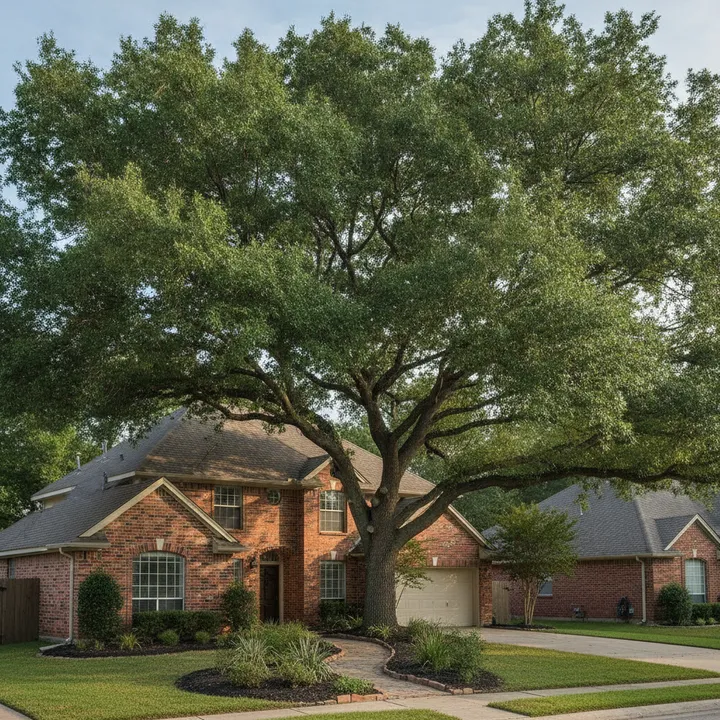 A mature oak canopy over a suburban brick house, the lower limbs cleanly raised and cleared away from the roof and gutters