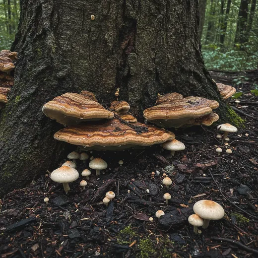 Shelf fungus and mushrooms growing at the base of a mature hardwood trunk, a sign of decay