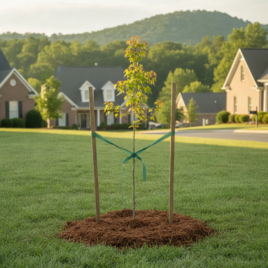 A young maple sapling held upright by two wooden support stakes in a tidy suburban front lawn at morning